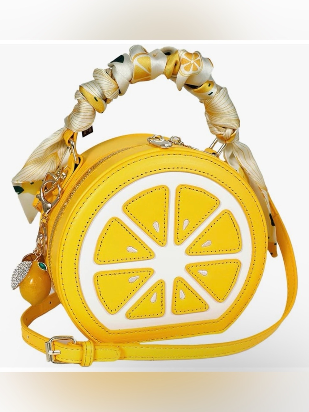 Yellow Citrus slice Round Crossbody Bag with scarf and keychain bundle of 3